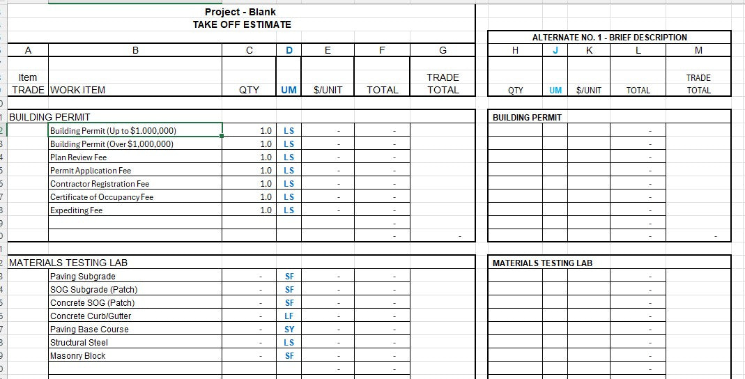 Take-Off Estimate Form