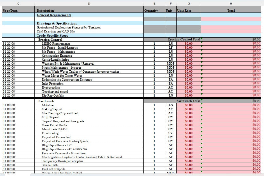 Site Work Bid Form